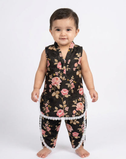 Black Floral Baby Girl Kurta Set with lace detailing and floral print - premium Pakistani baby girl outfit UK
