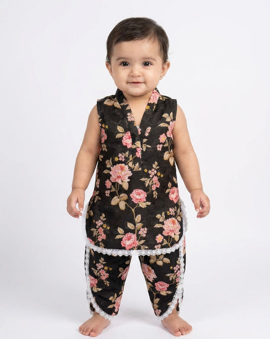 Black Floral Baby Girl Kurta Set with lace detailing and floral print - premium Pakistani baby girl outfit UK
