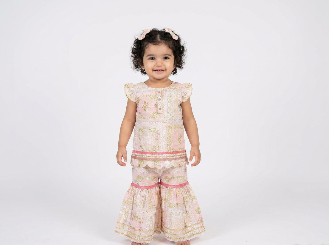 Blush Pink Baby Girl Gharara Set with flared trousers and traditional print - Pakistani baby girl outfit UK