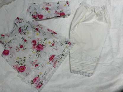 Close-up of intricate floral embroidery on White Floral Baby Girl Kurta Set - Pakistani baby clothes UK
