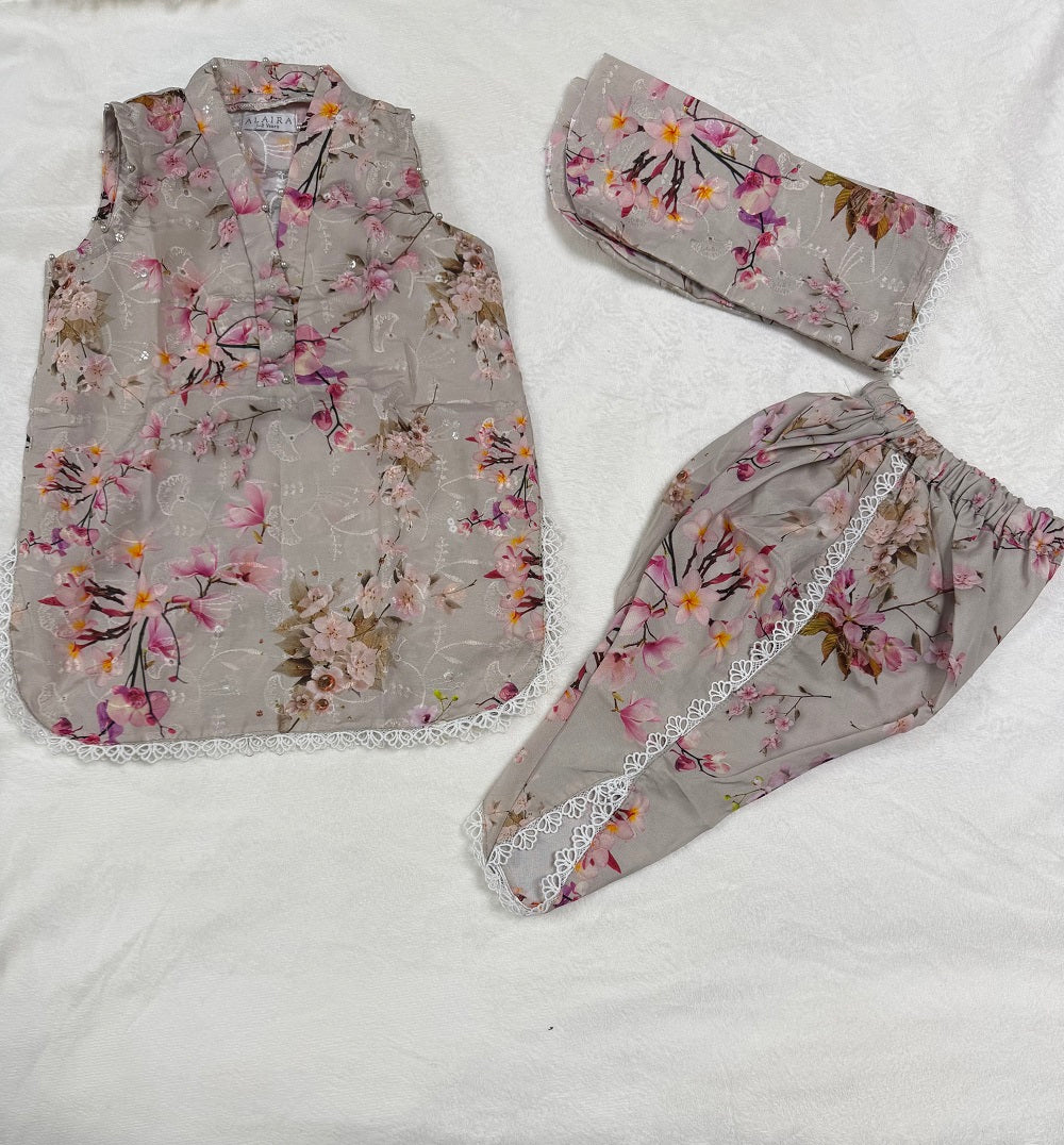 Grey Floral Baby Girl Kurta Set full outfit - traditional Pakistani baby clothing UK
