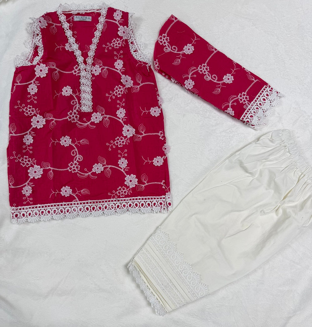 Soft pink fabric with delicate floral embroidery on Baby Girl Kurta Set - premium Pakistani baby outfit UK
