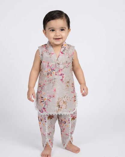 Grey Floral Baby Girl Kurta Set with lace detailing - Pakistani baby girl outfit UK
