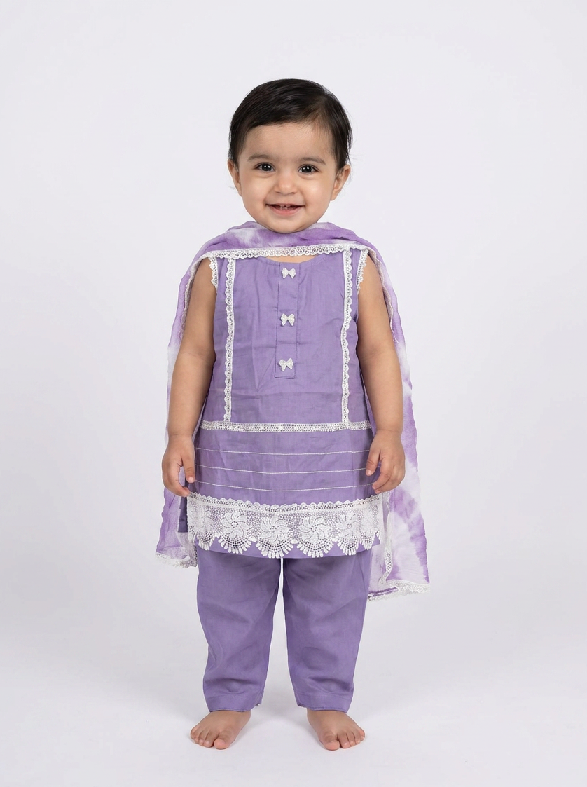 Lilac Lace Baby Girl Kurta Set With Dupatta - delicate lace & bow detailing, Pakistani baby girl outfit UK

