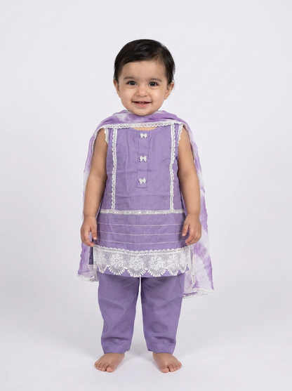 Lilac Lace Baby Girl Kurta Set With Dupatta - delicate lace & bow detailing, Pakistani baby girl outfit UK
