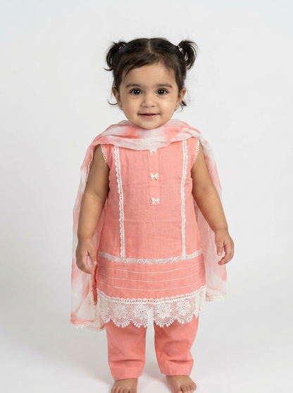 Peach Lace Baby Girl Kurta Set With Dupatta - delicate lace & bow detailing, Pakistani baby girl outfit UK
