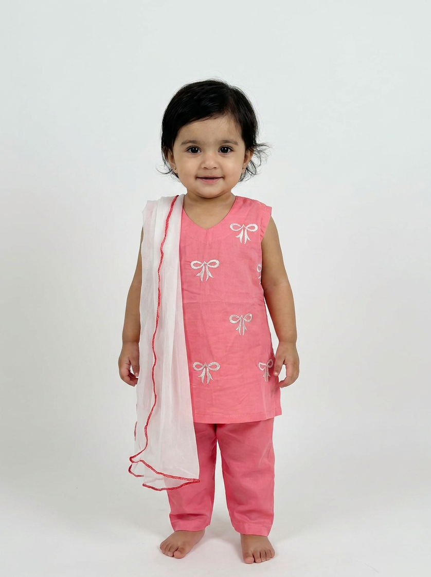Pink Baby Girl Kurta Set With Dupatta - embroidered bow detailing, Pakistani baby girl outfit UK
