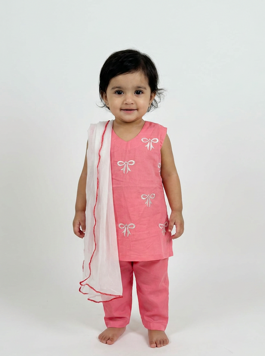Pink Baby Girl Kurta Set With Dupatta - embroidered bow detailing, Pakistani baby girl outfit UK
