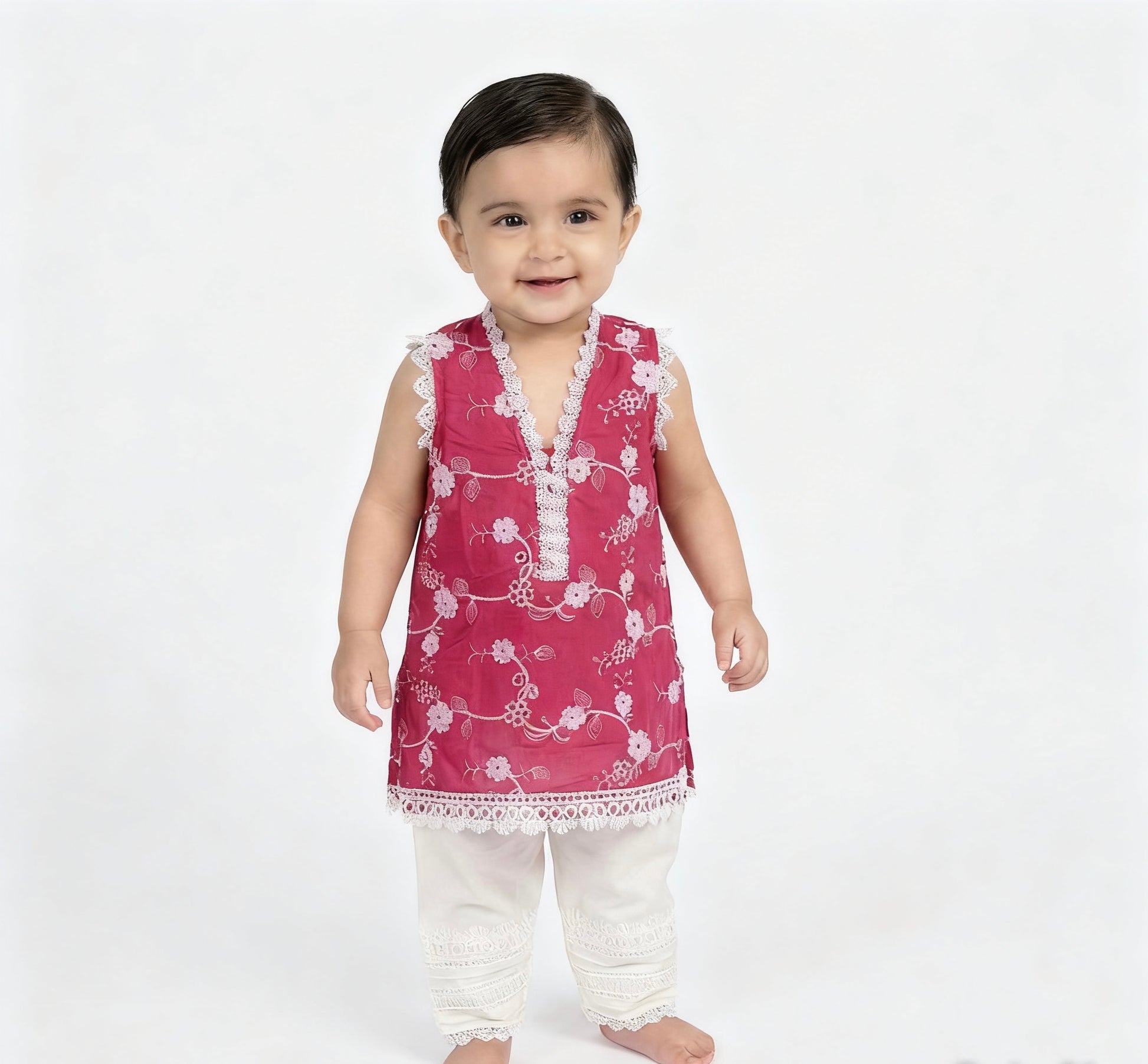 Pink Embroidered Baby Girl Kurta Set with white trousers - Pakistani baby girl outfit UK