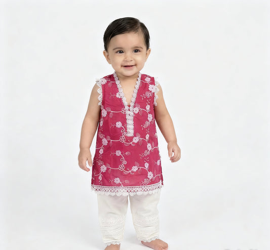 Pink Embroidered Baby Girl Kurta Set with white trousers - Pakistani baby girl outfit UK