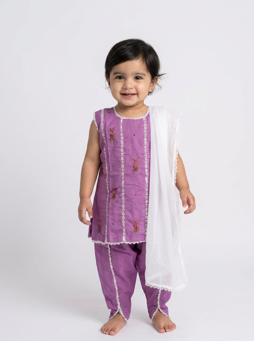 Plum Embroidered Baby Girl Kurta Set with lilac tone and lace detailing - Pakistani baby girl outfit UK
