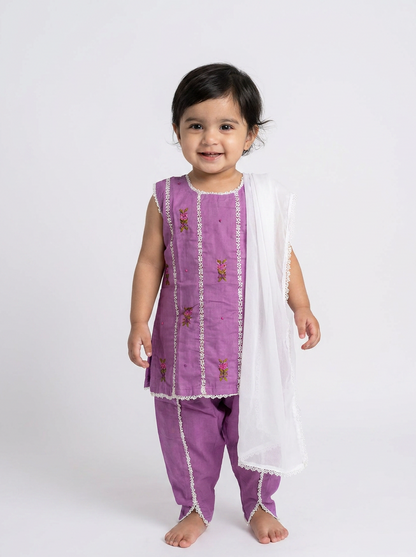 Plum Embroidered Baby Girl Kurta Set with lilac tone and lace detailing - Pakistani baby girl outfit UK
