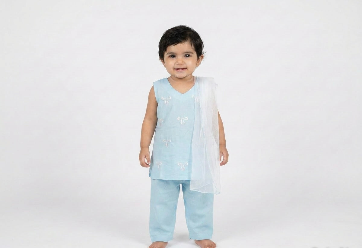 Sky Blue Baby Girl Kurta Set With Dupatta - embroidered bow detailing, Pakistani baby girl outfit UK