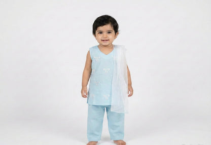 Sky Blue Baby Girl Kurta Set With Dupatta - embroidered bow detailing, Pakistani baby girl outfit UK