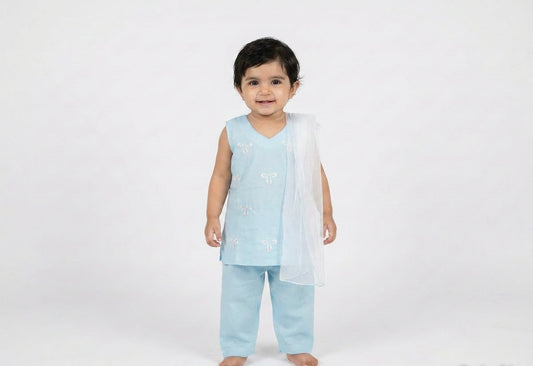 Sky Blue Baby Girl Kurta Set With Dupatta - embroidered bow detailing, Pakistani baby girl outfit UK