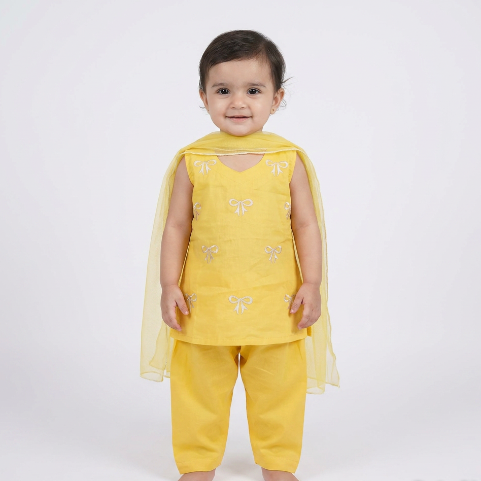 Sunshine Yellow Baby Girl Kurta Set With Dupatta - embroidered bow detailing, Pakistani baby girl outfit UK
