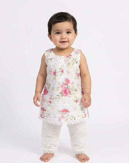 White Floral Baby Girl Kurta Set with embroidered floral design - premium Pakistani baby girl outfit UK
