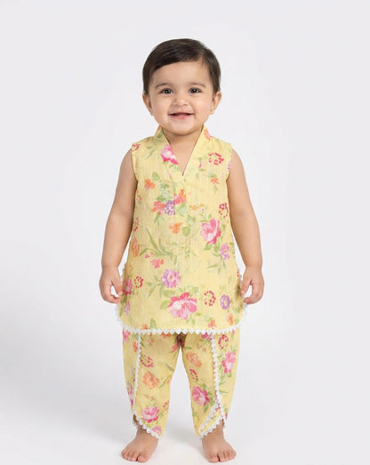 Yellow Floral Baby Girl Kurta Set with lace detailing - Pakistani baby girl outfit UK
