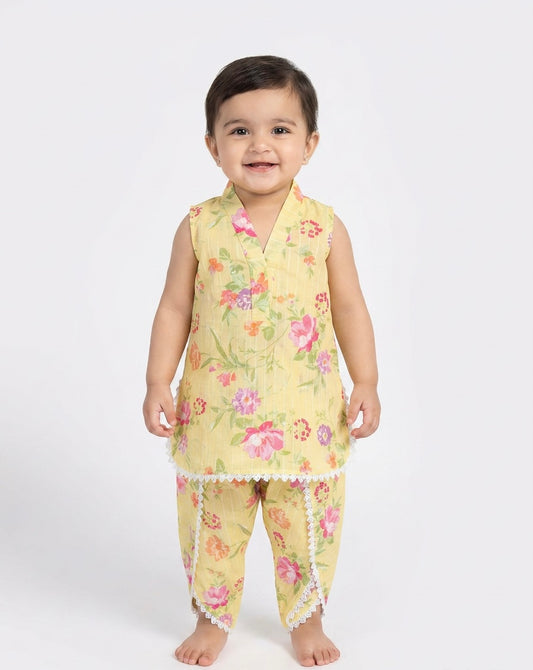Yellow Floral Baby Girl Kurta Set with lace detailing - Pakistani baby girl outfit UK
