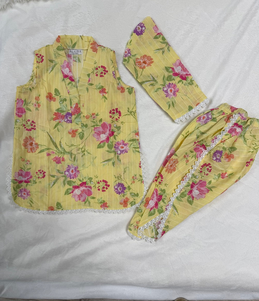 Yellow Floral Baby Girl Kurta Set full outfit - traditional Pakistani baby clothing UK
