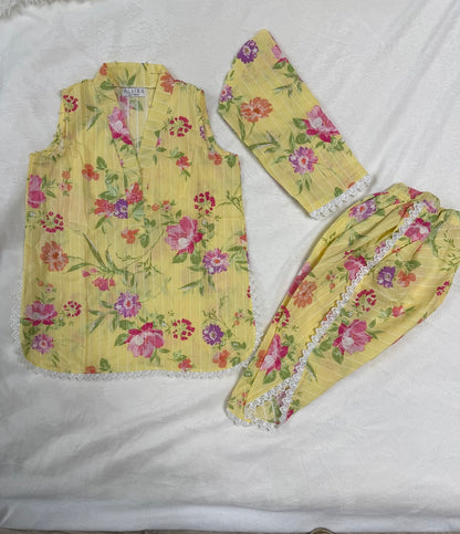 Yellow Floral Baby Girl Kurta Set full outfit - traditional Pakistani baby clothing UK
